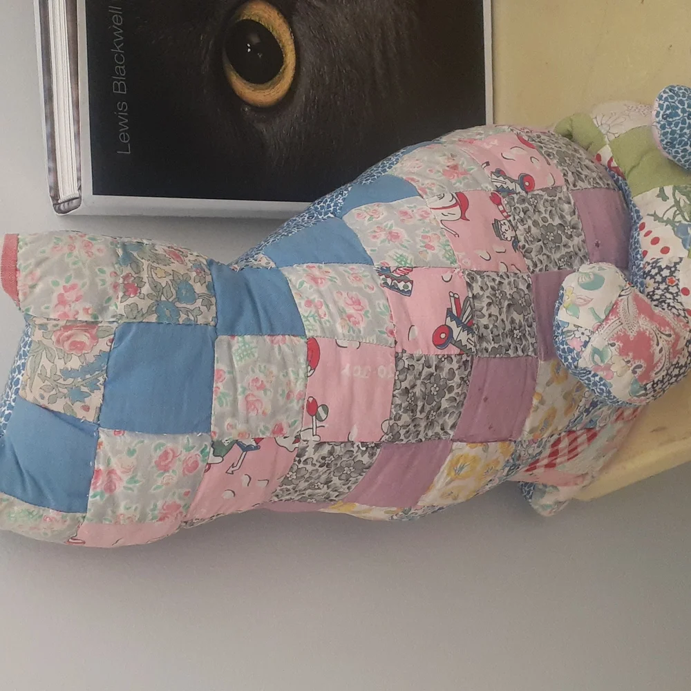 2 Vintage Patchwork Quilt cat pillow lot + Life & Love of Cat Book